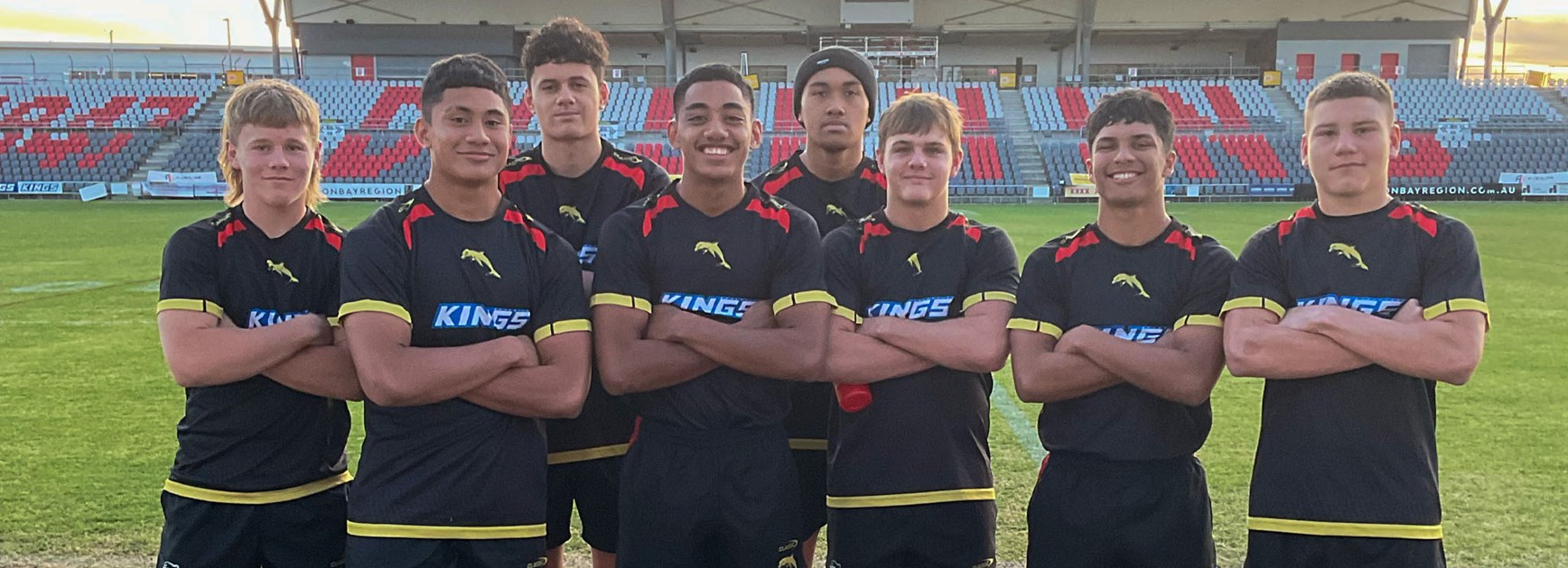 Dolphins Academy squad members Nate Berrigan, Jairus Halahala, Benson Tau, Brian Pouniu, Nixon Pasese, Carter Welfare, Mereki Warradoo and Charlie Dickson.