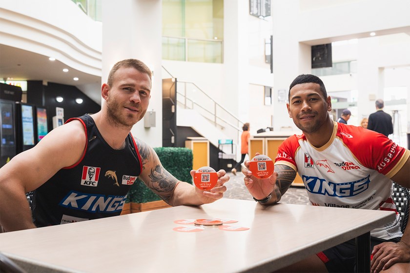 Euan Aitken and Jamayne Isaako promoting the new OK2Play? messaging in Gambling Harm Awareness Week 2023.