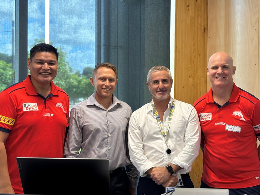 Pictured: Dolphins NRL staff alongside UniSC representatives at the event, including Dr David Lakisa (far left), Associate Professor Ross Clark (middle left), Peter Lavercombe (middle right), Luke (far right).