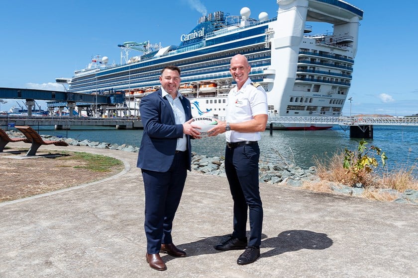 Dolphins CEO Terry Reader alongside Carnival Encounter Captain Ivan Mladina at the Brisbane International Cruise Terminal